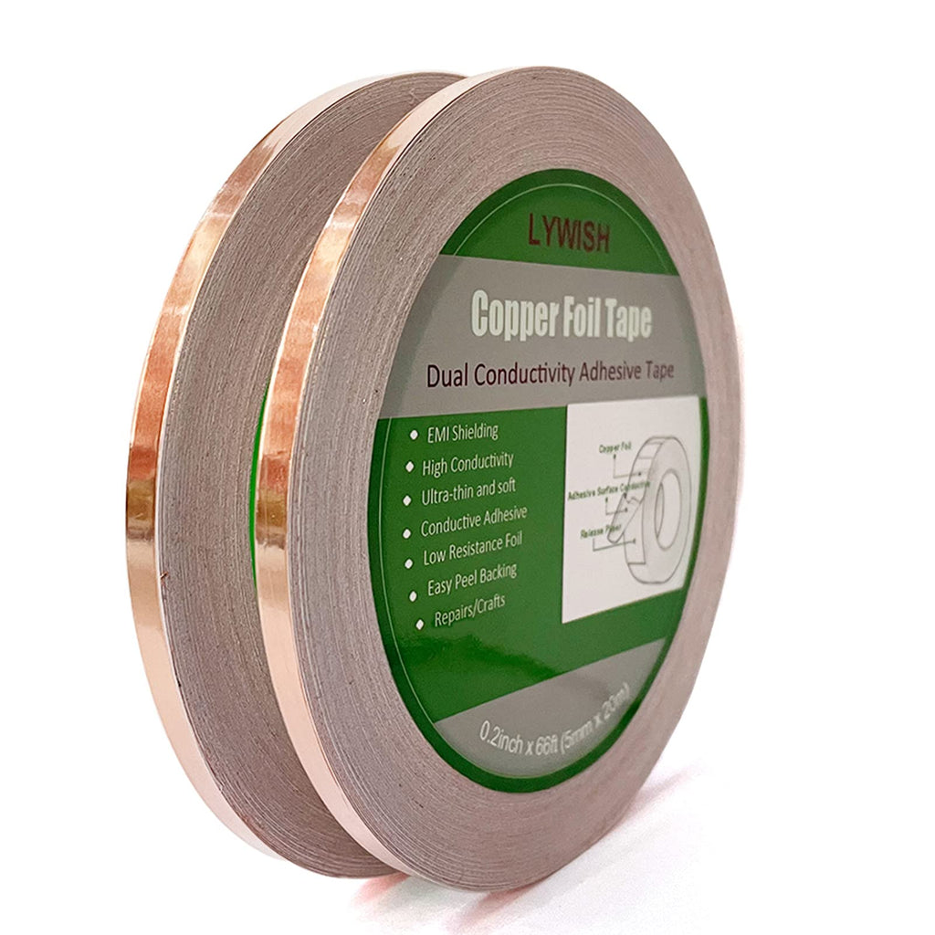 [Australia - AusPower] - LYWISH Copper Tape 5mm 0.2Inch X 66FT X 2Roll Copper Foil Tape with Conductive Adhesive for EMI Shielding and Electrical Repairs,Stained Glass,Crafts,Soldering 