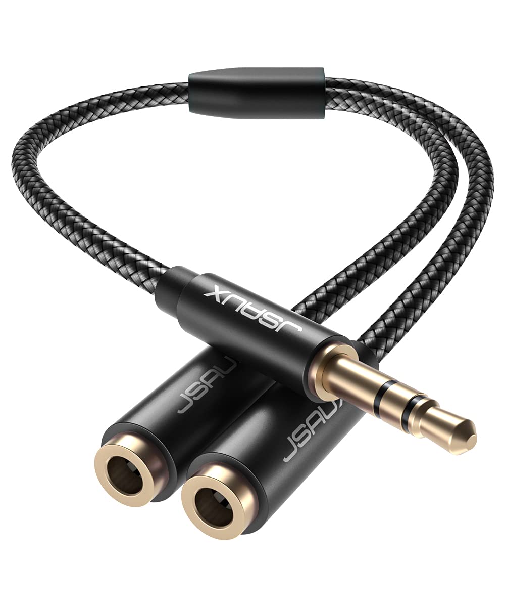 [Australia - AusPower] - JSAUX Headphone Splitter, Audio Splitter 3.5mm Male TRS to 2 Dual 3.5mm Female Adapter Nylon-Braided Stereo Y Aux Cable Splitter for iPhone, Samsung, Tablets, Laptop, Playstation and More [Black] 0.9ft Black 