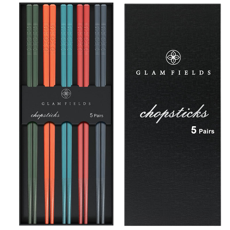 [Australia - AusPower] - Chopsticks, GLAMFIELDS 5 Pairs Premium Reusable Multicolour Chopsticks for Sushi Japanese Matte Anti-slip Chop Sticks with Gift Case Lightweight Dishwasher Safe, 9.6 Inch Multicolor 