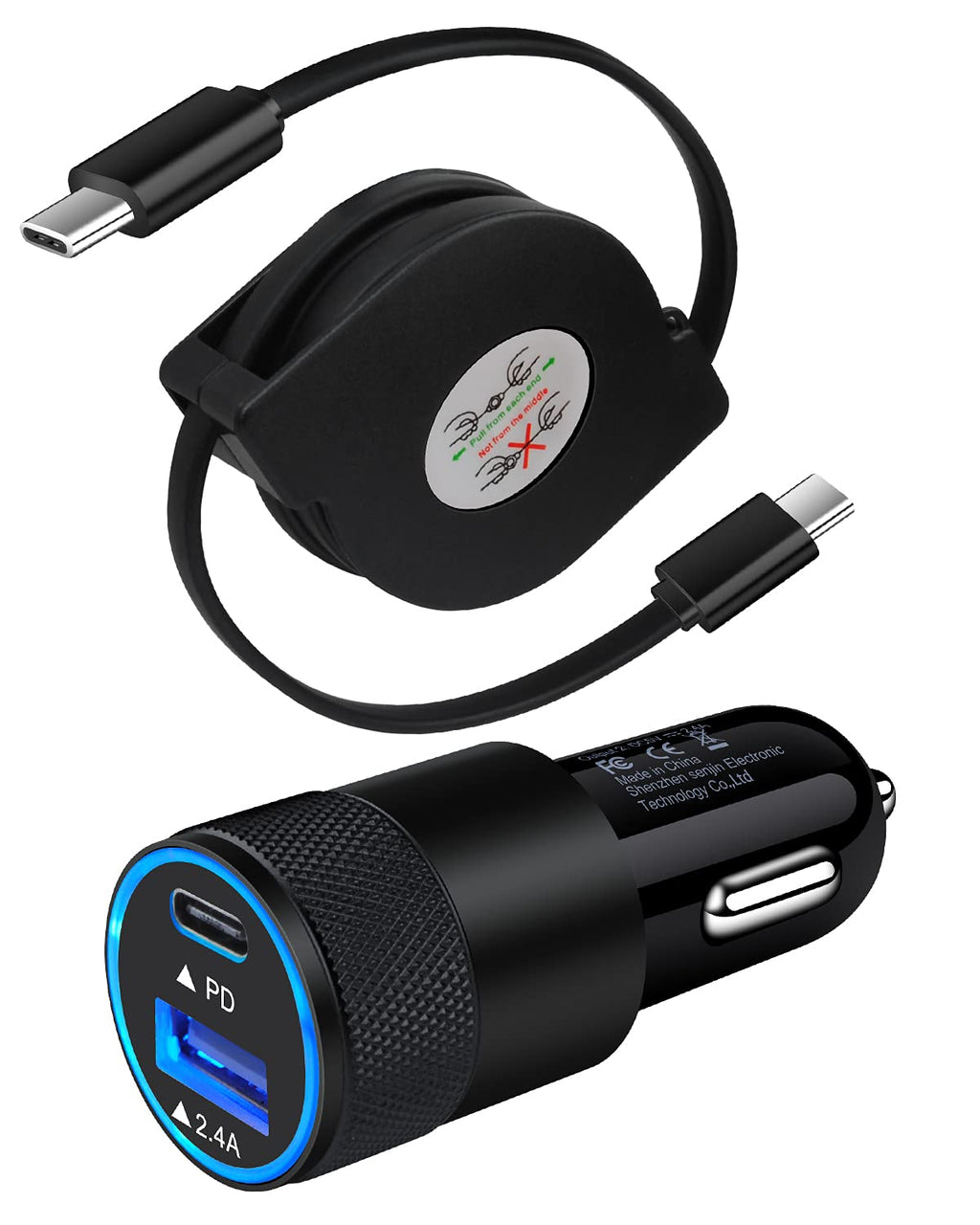 [Australia - AusPower] - USB C Car Charger, AILKIN 30W/5.4A Dual Port Cigarette Lighter Adapter Fast Plug + PD Retractable Charging Cable Type C 3.3FT for Samsung Galaxy S21 Note20, Pixel 4/3 XL, MacBook, Lg G6 G5, Moto G8 