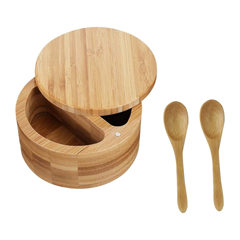 [Australia - AusPower] - Bamboo Seasonings Box,Kitchen Salt Pepper Spice Cellars Storage Container With Pepper Swivel Lid and 2 Spoons,Two Compartments Spice Storage Container for Home Kitchen as picture show 