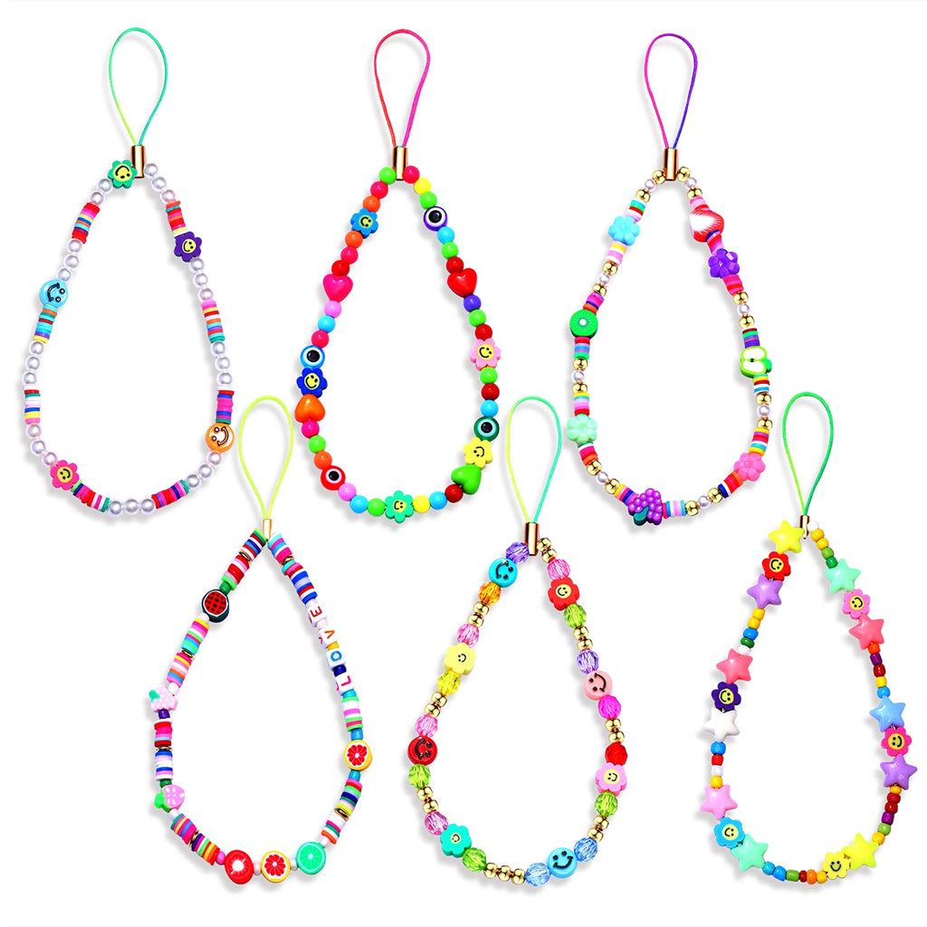 [Australia - AusPower] - ISALOE Beaded Phone Lanyard Wrist Strap Colorful Cute Smiley Fruit Pearl Beaded Phone Charm Y2K Phone Decoration Chain Accessories for Women Girls 6pcs 