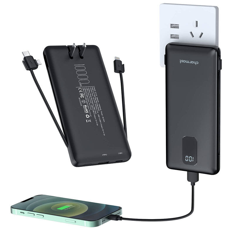 [Australia - AusPower] - Portable Charger with Built in Cable, Charmast power bank 10000mah, 5 Output Slim LED Display, Built-in AC Wall Plug, USB C & Micro, Three Cables Integrated battery pack for iPhone, Samsung Galaxy S20 