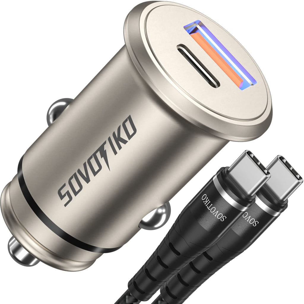 [Australia - AusPower] - USB C Car Charger SOVOTIKO 38W Super Mini [All Metal] Fast Car Charger Adapter PD&QC 3.0 Dual Port with Type C Cord Car Quick Charger for Samsung Galaxy S21/S20/S10/S9 and Other Android Phones/iPhone 