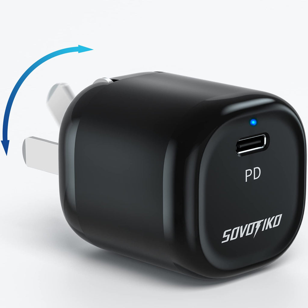 [Australia - AusPower] - USB C Fast Charger,SOVOTIKO 20W PD3.0&QC 3.0 Wall Charger,Ultra Compact Foldable Plug Power Adapter Compatible with iPhone 13/12/12Mini/11/11 Pro Max/Samsung Galaxy S20/S10/S9 More 