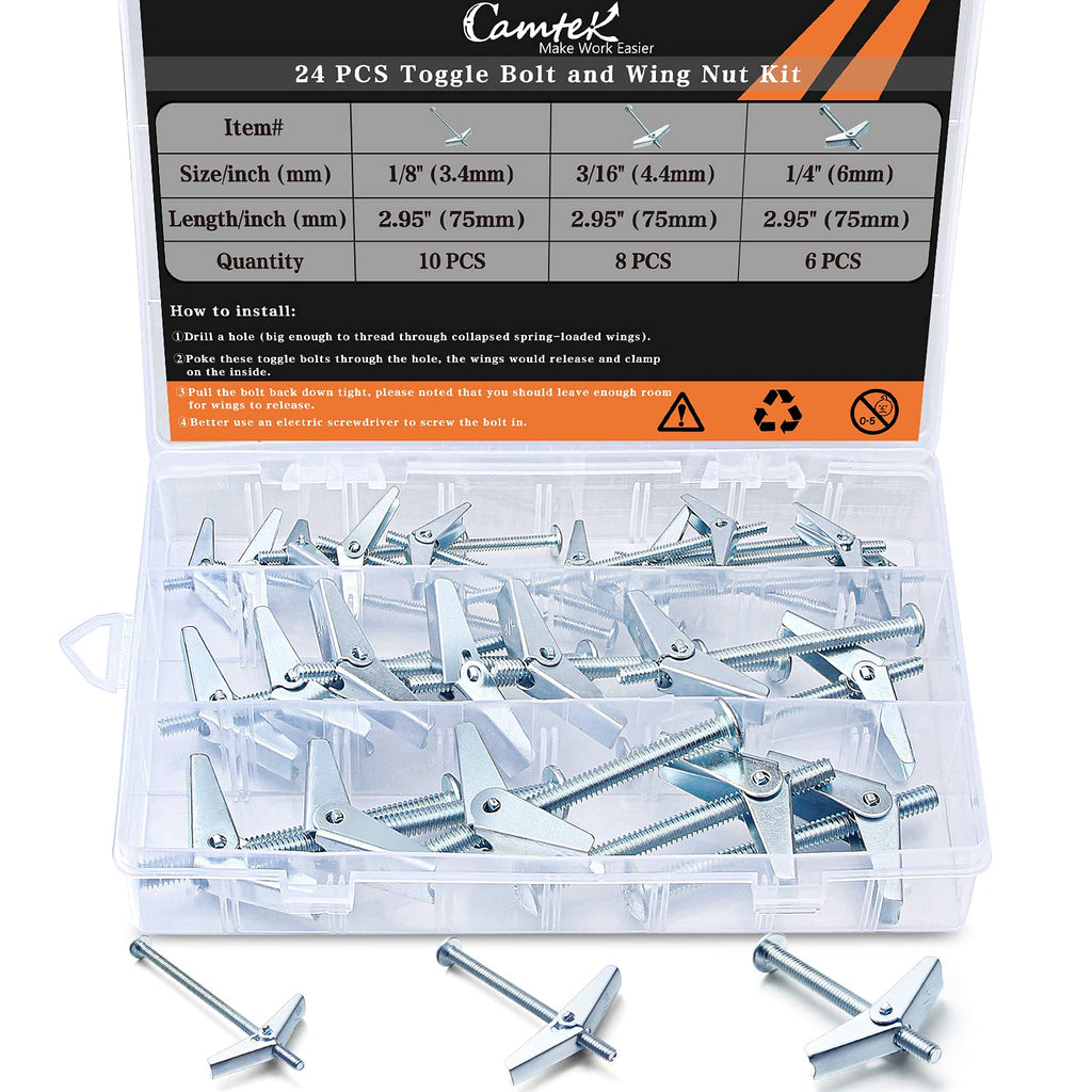 [Australia - AusPower] - 24PCS Toggle Bolt and Wing Nut Set, Camtek Toggle Bolt Zinc Plated Steel Phillips Round Head Toggle Bolt and Wing Nut Assortment Kit for Hanging Heavy Items on Drywall -3 Sizes(1/8'', 3/16'', 1/4'') 24 