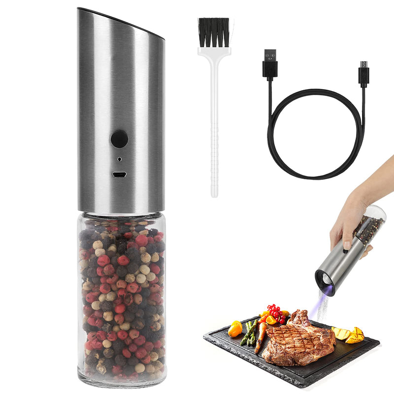 [Australia - AusPower] - Laelr Electric Pepper Grinder or Salt Grinder with Adjustable Coarseness, Automatic Stainless Steel Pepper Mill with LED Light, Cleaning Brush, One Handed Operation, USB Rechargeable 