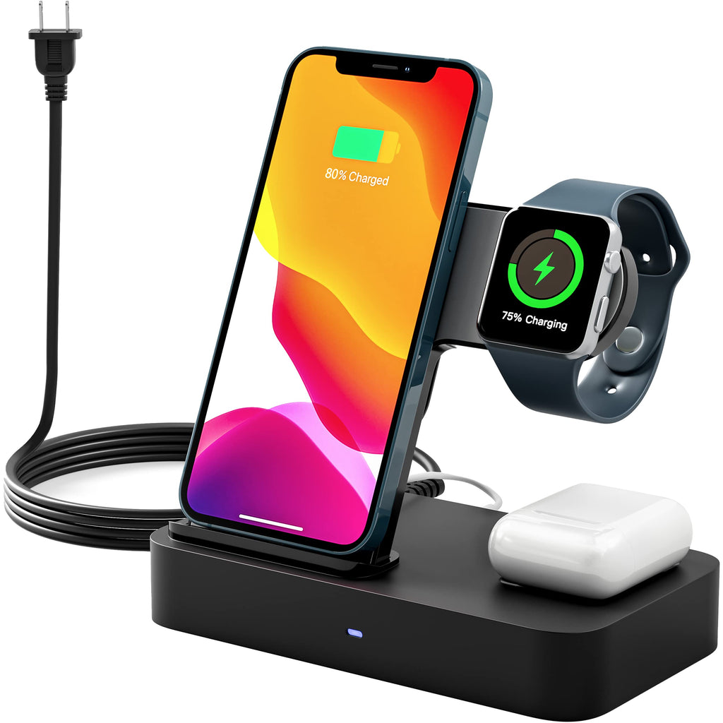 [Australia - AusPower] - Poweroni 3 in 1 Wireless Charger Station for Multiple Devices Apple Compatible Charging Station Stand for Apple Watch, AirPods, iPhone, iPad, Android, Tablets - Fast Charge Wireless Charging Dock 