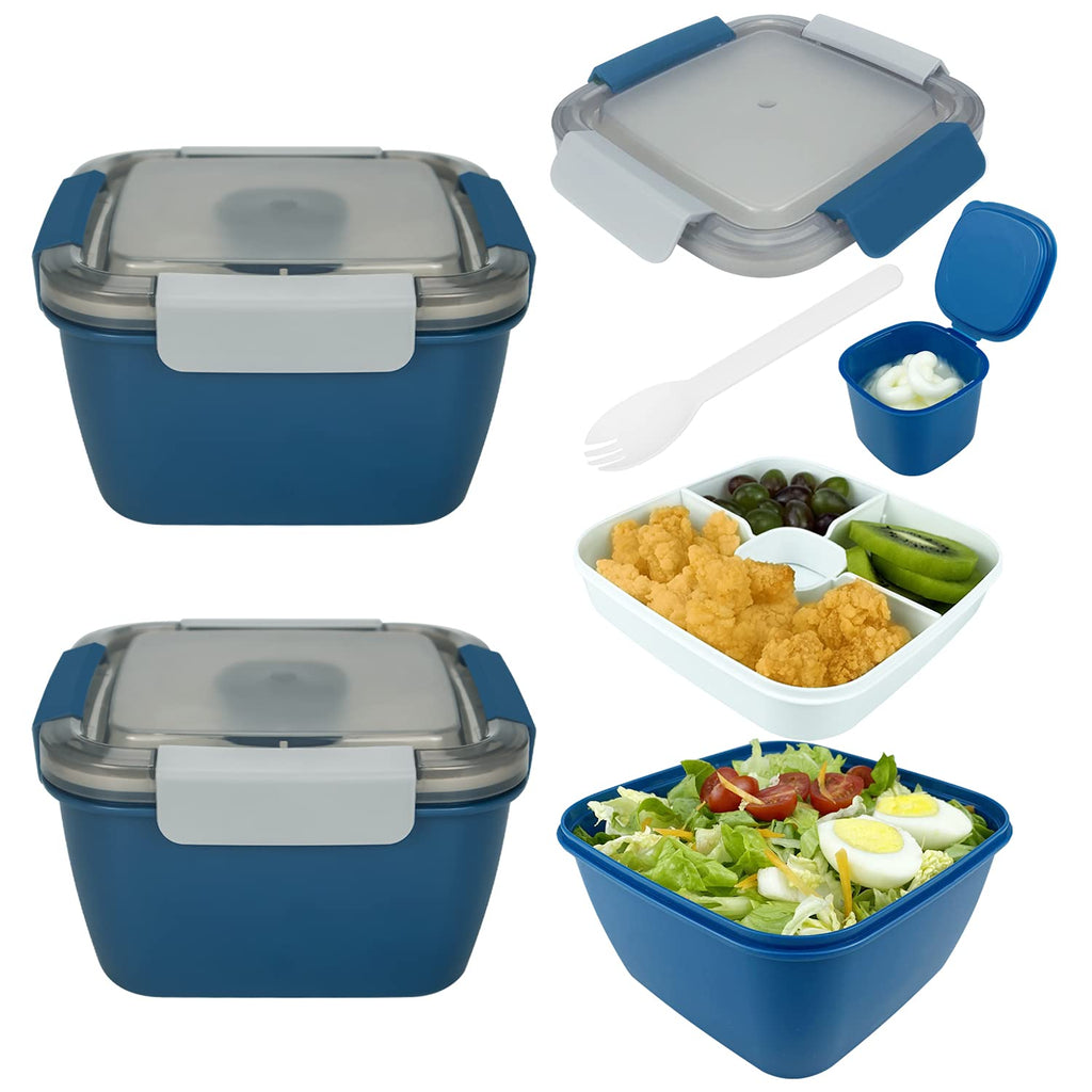 [Australia - AusPower] - Bokzen 2 Packs-Salad Container for Lunch,52-oz Salad Bowls with 3-Layered Compartments+1-Dressing Container+1-Reusable Forks, Used to meal pre-prepare Food Fruit Snack,Leak Proof Design（ Blue） 