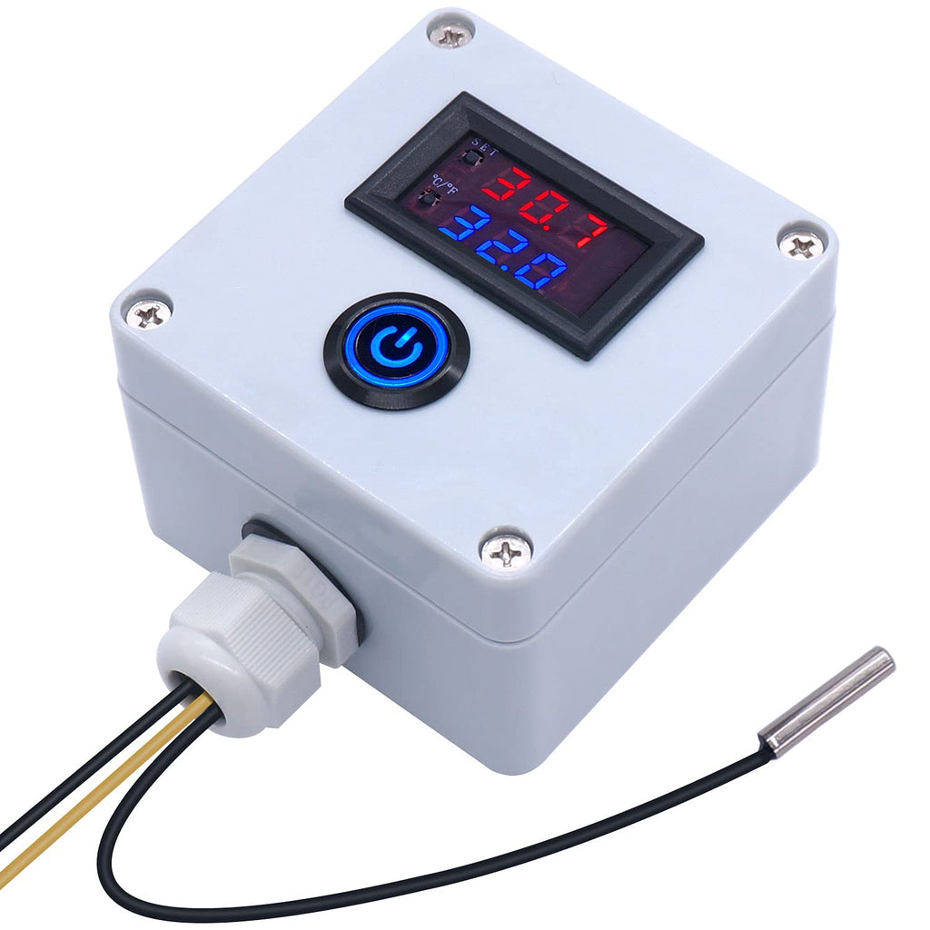 [Australia - AusPower] - Twidec/DC 12V Temperature Controller Box Programmable -50 to 110 ℃ (-58 to 230 °F) Red/Blue LED Display Monitor Heating/Cooling Thermostat Control Module with NTC 10K Waterproof Sensor and Switch White Box 