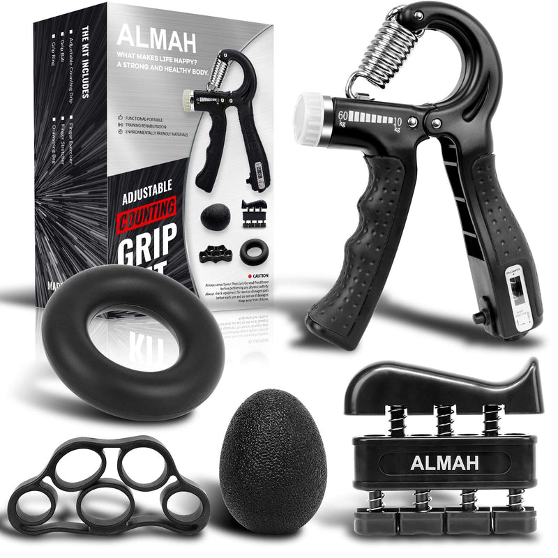 [Australia - AusPower] - ALMAH Hand Grip Strengthener kit（5 Pack）, Forearm Workout Trainer Adjustable Hand Grip Exercise,Finger Strength Exerciser, Finger Stretcher, Grip Ring & Stress Relief Ball with Carry Bag 