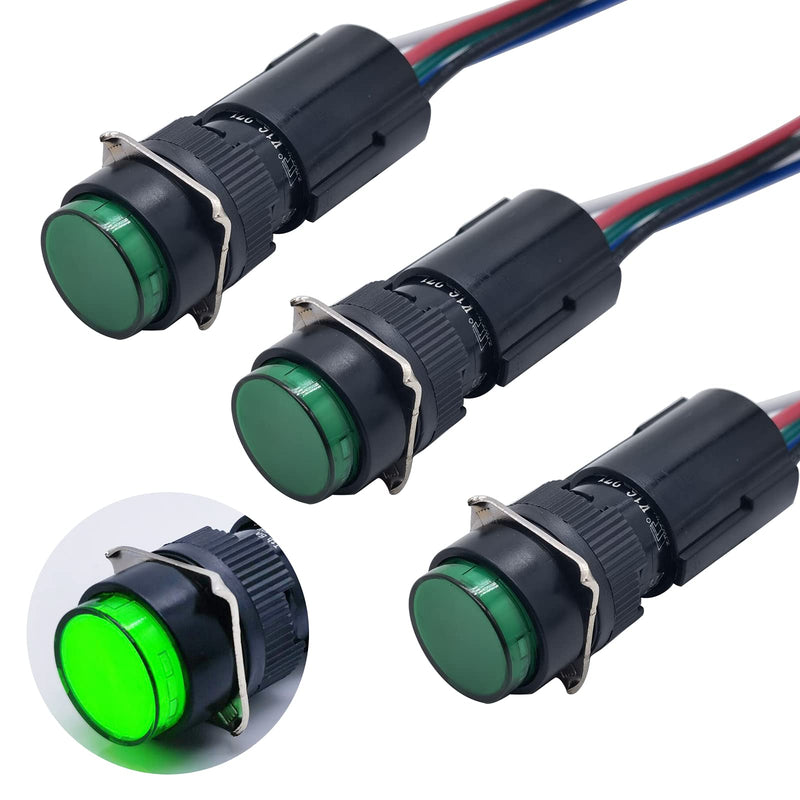 [Australia - AusPower] - 16mm Latching Push Button Switch Round Cap Maintained 0.63" 1NO 1NC SPDT ON/Off with 12v LED Light Waterproof 5 Amps with Wire UL Listed 3 Pcs K16-371 (Green, Latching) Green 