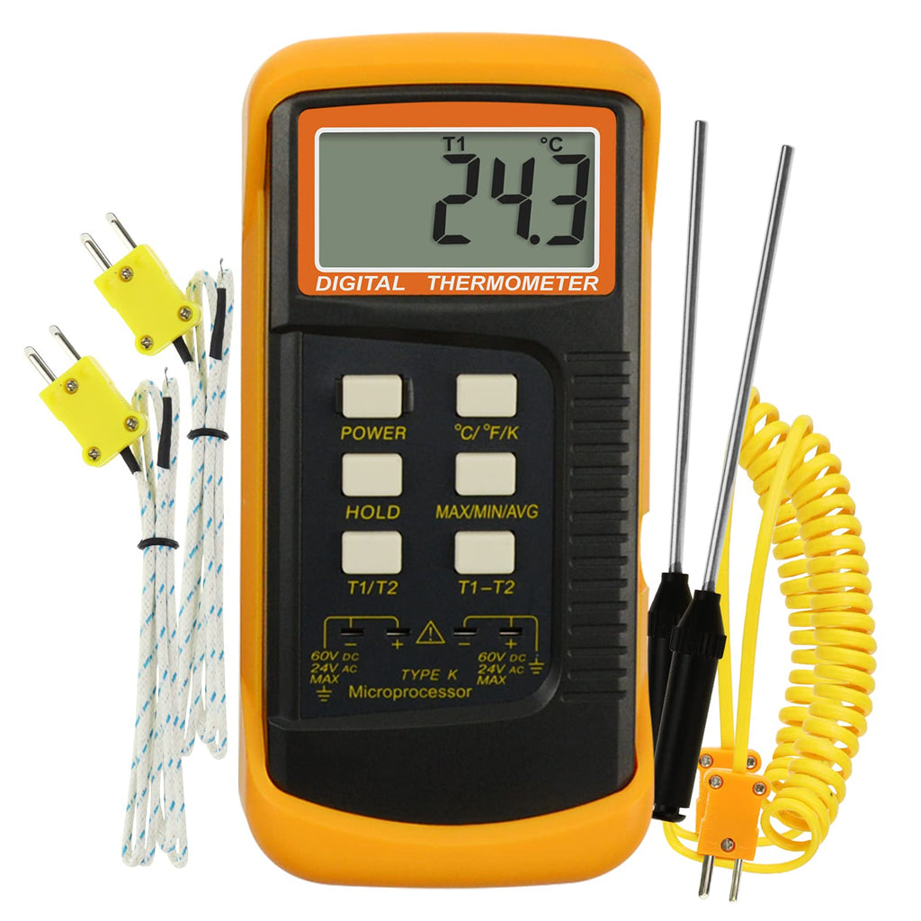 [Australia - AusPower] - Wired & Stainless Steel Thermocouple Probe Digital 2 Channel K-Type Thermometer Kelvin Scale Dual Temperature T1-T2 Measurement Tester 4 K-Type Thermocouple 