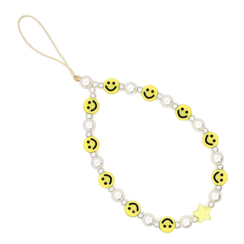 [Australia - AusPower] - Beaded Phone Lanyard Wrist Strap Smiley Face Beaded Handmade Colorful Acrylic Beads Pearl Phone Charm Strap for Women Girls Yellow 