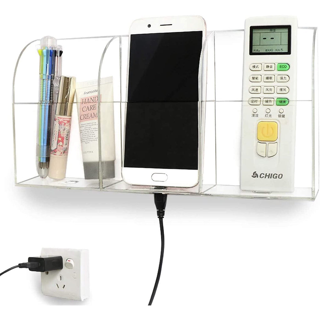 [Australia - AusPower] - Pansyling Large Acrylic 3-Slot Wall Mounted Smart Phone Charging Holder Station Clear Hanging TV Remote Control Holder Organizer Acrylic Wall Pocket Container Bedside Nightstand Clear Phone Charging Stand Caddy Media Organizer Box 3-Slot Phone Holder 