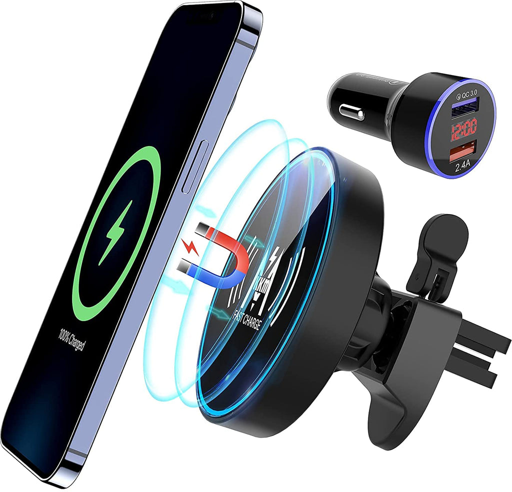 [Australia - AusPower] - KKM Magnetic Wireless Car Charger for iPhone 12/12 Pro/12 Mini/12 Pro Max, 15W Fast Car Charger Mount Compatible with Magsafe Charger, Auto-Clamping Air Vent Clamp Car Mount Holder Charger 