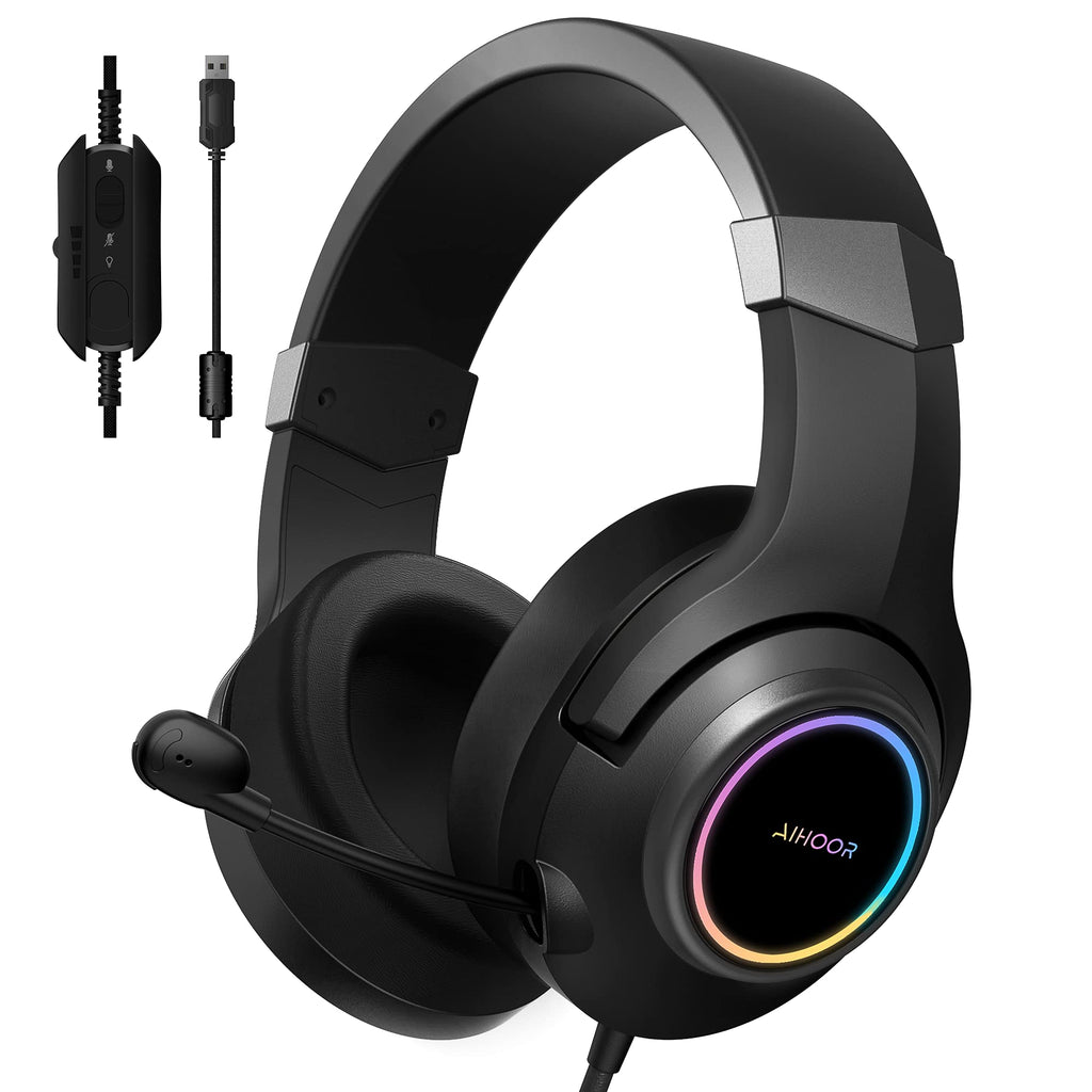 [Australia - AusPower] - AIHOOR Gaming Headset with Virtual 7.1 Surround Sound,Over Ear Headphones,Noise Cancelling Microphone,Ultra-Low Latency Games & LED Light Soft Memory Protein Earmuffs for PC Mac Computer Games- Black USB Plug Headset-G10P 