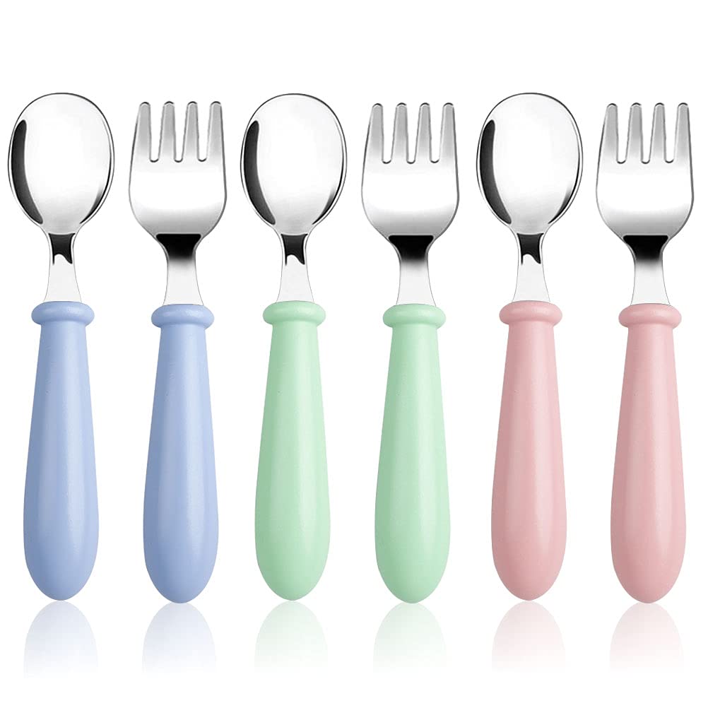 [Australia - AusPower] - 6 Pieces Toddler Utensils Stainless Steel Baby Forks and Spoons Silverware Set Kids Silverware Children's Flatware Kids Cutlery Set with Round Handle for LunchBox, 3 x Safe Forks,3 x Children Spoons blue/green/pink 
