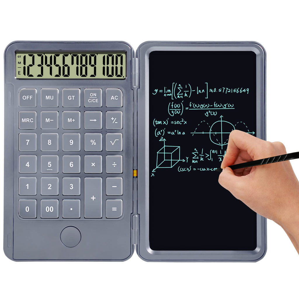 [Australia - AusPower] - Calculator Writing Tablet- Doodle Pad Calculators, Mute Portable and Foldable Desktop Calculator with Erasable Writing Board, Multi-Function Portable Rechargeable Calculator for Kids (Grey) Grey 