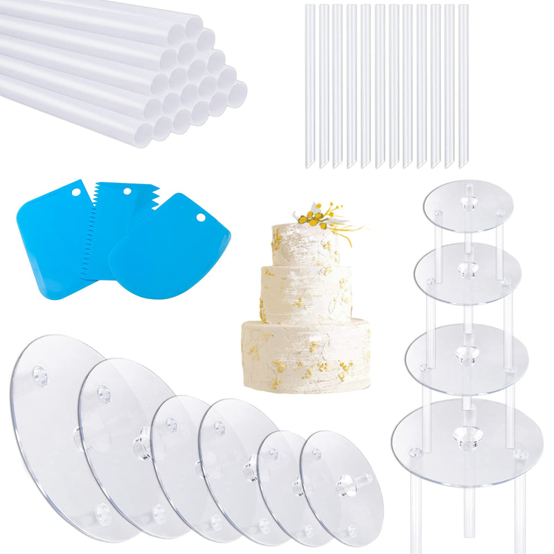 [Australia - AusPower] - 41PCS Plastic Cake Dowel Rods Set Including 6PCS Cake Separator Plates for 4 6 8 10 Inch Cakes and 32 PCS Plastic Cake Sticks Support Rods and 3PCS Cream spatulas for Tiered Cakes 