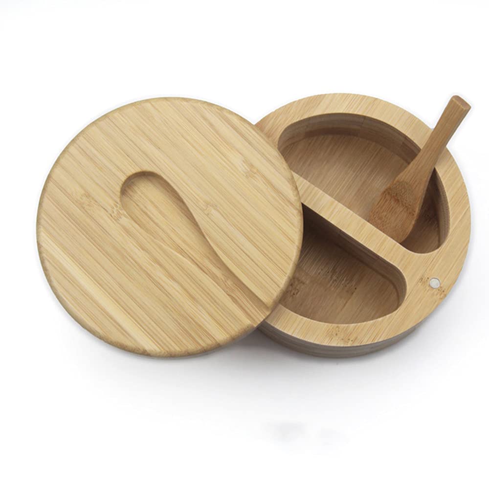 [Australia - AusPower] - Bamboo Salt and Pepper Box, Divided Salt Cellar With Swivel Lid and Spoon, Seasoning Containers With Magnetic Lid to Keep Dry, Mini Spoon Built Into Top, Condiment Storage Keeper 