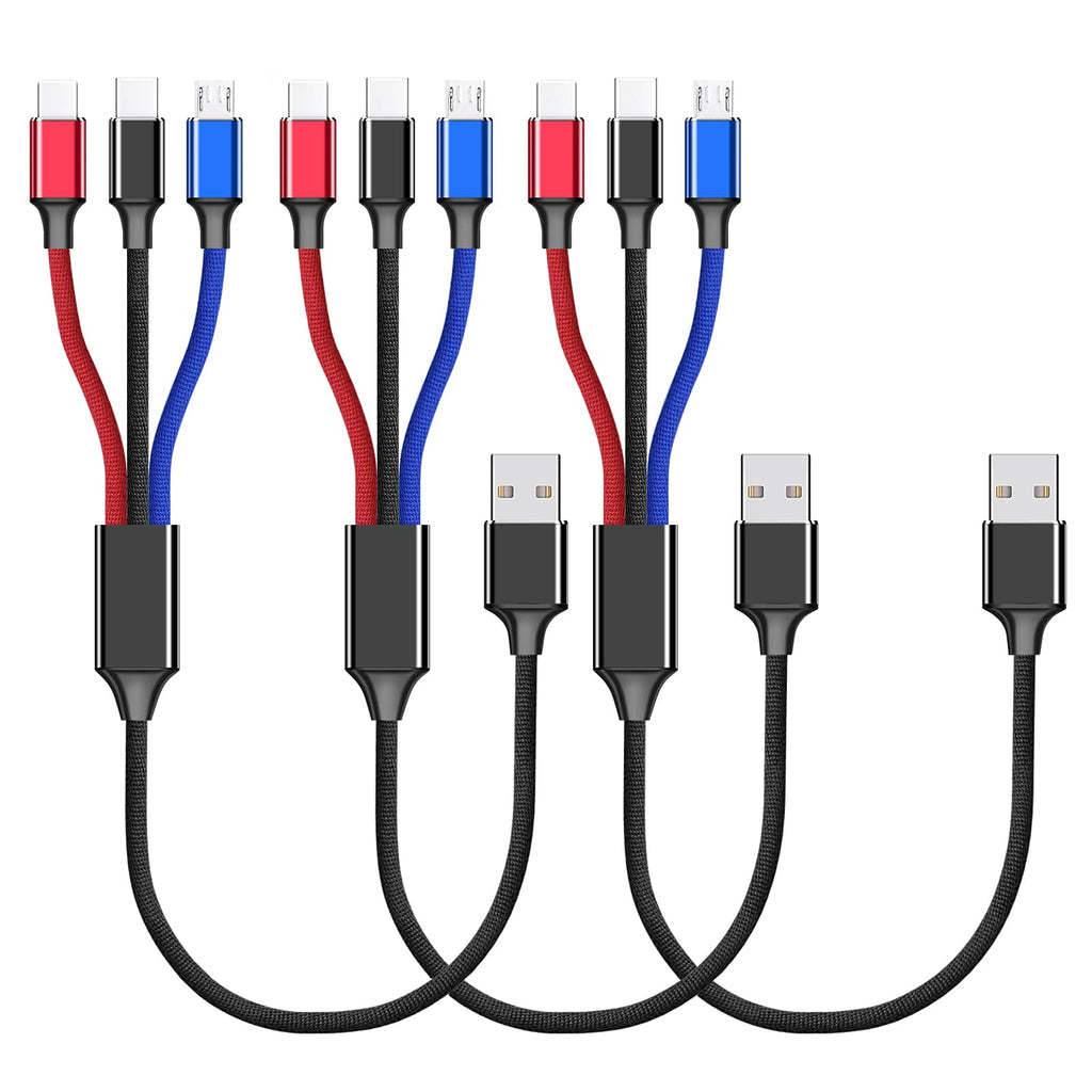 [Australia - AusPower] - 3Pack 1ft Multi Charging Cable Short Multi Charger Cable 3A Fast Charge USB Multi Cable 3 in 1 Universal Charging Cord Nylon Braided 3-1 Multiple Connectors for Cell Phones and More(Multicolored) 
