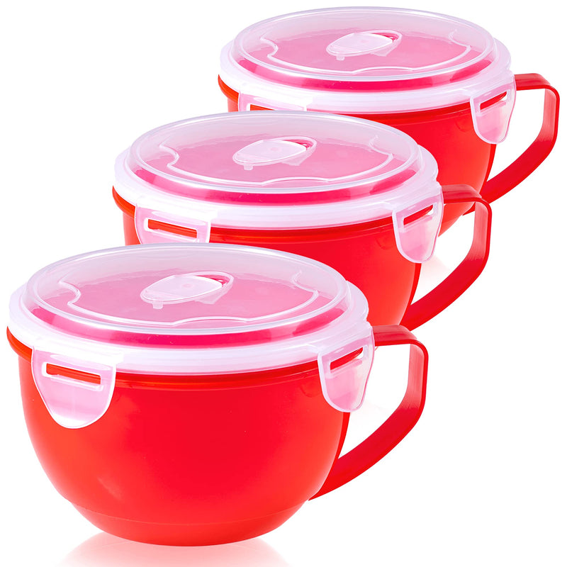 [Australia - AusPower] - Microwave Bowl with Lid, 3-Pack Microwave Soup Bowl with Lid, Noodle Bowl for Ramen, Soup, Beverages, 30.43 Ounces, Red 