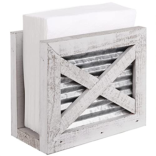 [Australia - AusPower] - Autumn Alley Farmhouse Napkin Holder - Wooden Napkin Holder - Classic Barn Door Motif with Galvanized Metal - Rustic Napkin Holder for Farmhouse Décor - Shabby White Country Napkin Holder 