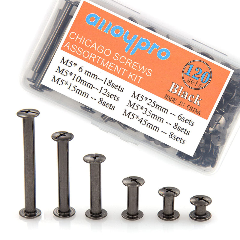 [Australia - AusPower] - Alloypro 120 Pcs (60 Pair) M5 x 6/10/15/25/35/45 Black Phillips Chicago Screws Binding Screw Posts,Scrapbook Photo Albums Binding Screws Assorted Kit 6 Sizes for Leather Saddles Purses Belt Repair Black M5x6/10/15/25/35/45 