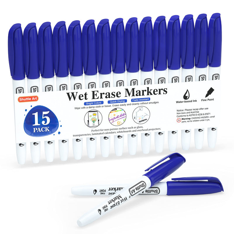 Wet Erase Markers, Shuttle Art 15 Pack Blue 1mm Fine Tip SmudgeFree