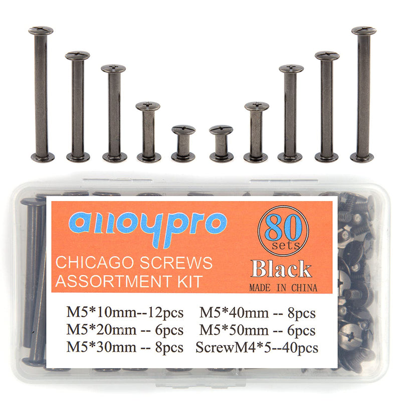 [Australia - AusPower] - Alloypro 80 Pcs Phillips Chicago Binding Screws M5 x 10/20/30/40/50mm Black Scrapbook Extenders Post Binding Barrels and Screws Assortment Kit for Scrapbook Photo Albums/Book Binding Black M5x10/20/30/40/50 