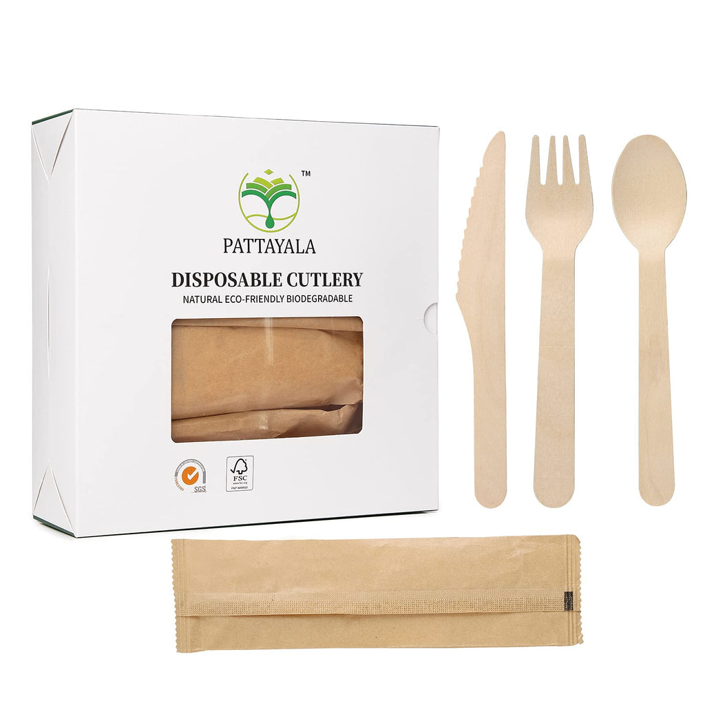 [Australia - AusPower] - PATTAYALA Disposable Wooden Cutlery Biodegradable Compostable Cutlery Set of Forks, Spoons, Knives-60 Natural Wooden Utensils for Parties, Weddings, Camping Friendly Green 