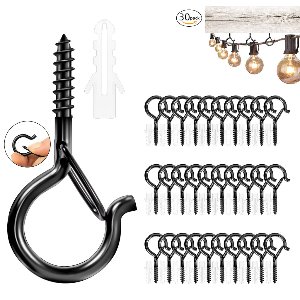 [Australia - AusPower] - Pack of 30 Screw Hooks for Outdoor String Lights, Q Hanger Outdoor Light Hooks with Safety Buckle, Windproof Ceiling Hooks for Hanging Christmas Lights, Fairy Lights, Plants and Cup, 2.2 Inches Black 6 Shaped Hooks 