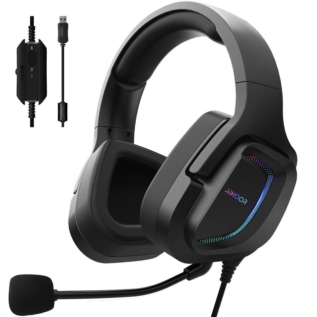 [Australia - AusPower] - AIHOOR Wired Gaming Headset with 7.1 Surround Sound, Detachable Mic, in-Line Volume & Mute Control, RGB LED Lights, Protein Earmuffs, Over-Ear Lightweight Headphone for PC, PS4/PS5 Console (USB Plug) USB Plug Headset-G20B 