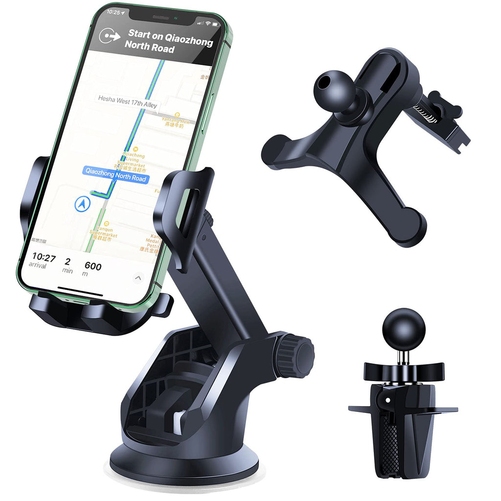 [Australia - AusPower] - Phone Holder for Car, SHANSHUI Dashboard Windshield Suction Cup with 2 Air Vent Clip Car Phone Mount, Universal Ultra-Stable Suction Hands Free Phone Mount for Car GPS Fit All Smartphones (Black) 