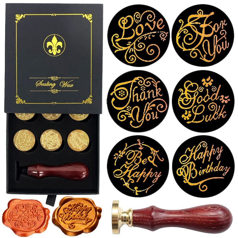 [Australia - AusPower] - Wax Seal Stamp Gift Box Set, 6 Pcs Blessing Series Sealing Wax Stamps Copper Seals 1 Wooden Hilt, Wax Stamp Kit for Cards Envelopes, Gift Packaging (Phrases Series) Phrases Series 