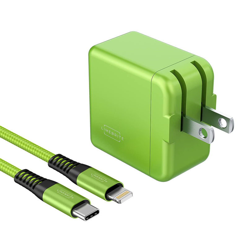 [Australia - AusPower] - Limebrite 20W Fast Charging Wall Charger + 10ft Braided MFi Certified Cable Compatible with iPhone 13/12/11/Pro/Max, X/XS/XS Max/XR, iPhone SE, iPad, iPad Mini (Green) Green (Lightning Connector) 