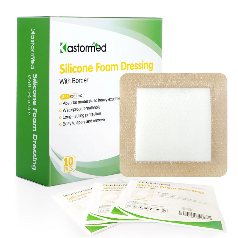 [Australia - AusPower] - Silicone Adhesive Foam Dressing with Gentle Border 4''x4'' 10 Pack, High Absorbency Foam Wound Bandage for Bed Sore, Leg Ulcer, Diabetic Ulcer 4'' x 4'' - 10 Pack 