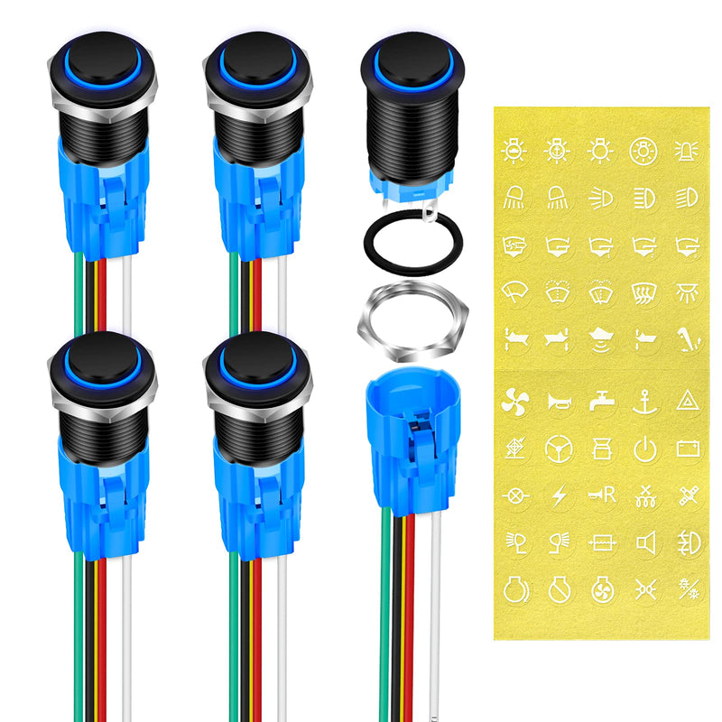 [Australia - AusPower] - DaierTek Latching Push Button Switch 12V Pushbutton Switch Blue LED 12 Volt Push Button Switch Metal Waterproof ON Off Switch 16mm with Label -5Pack 
