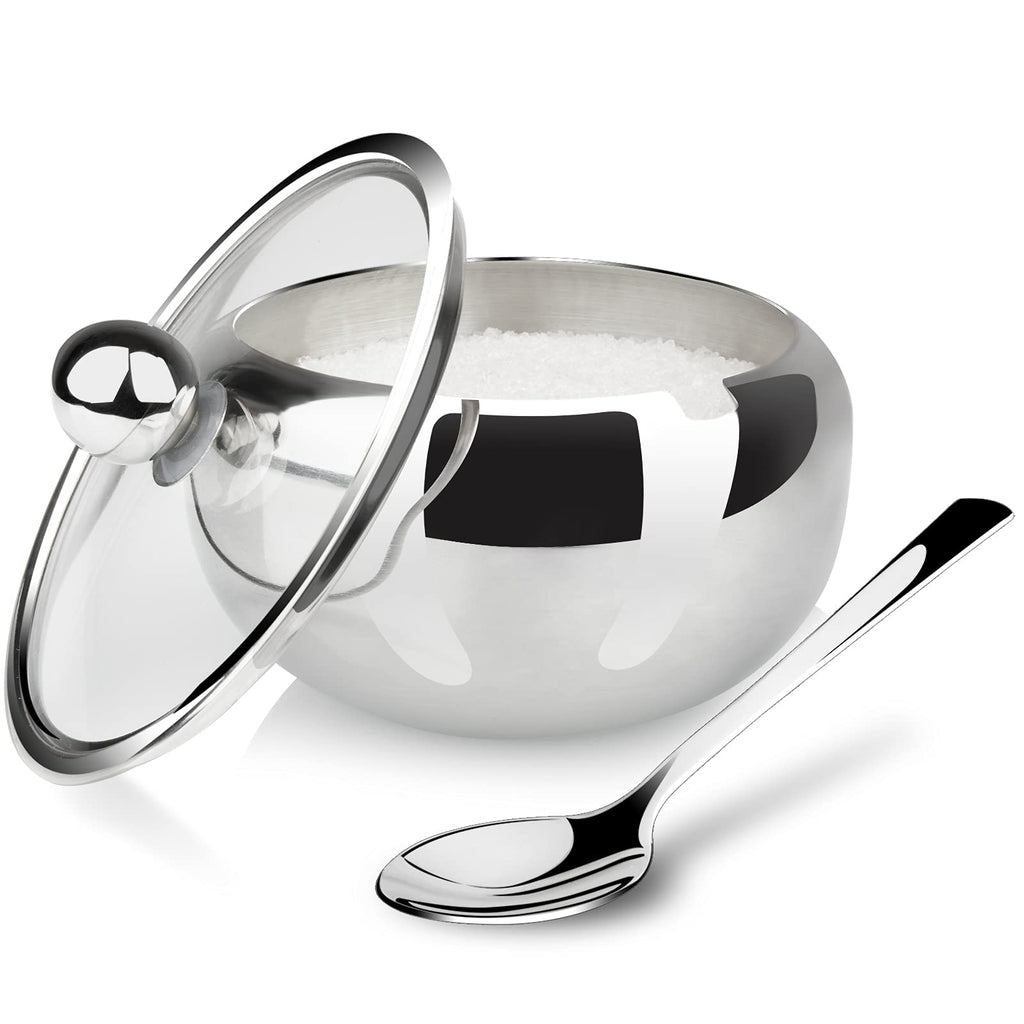 [Australia - AusPower] - Stainless Steel Sugar Bowl with Lid and Spoon, 10 oz Sugar Container with Spoon, Sugar Dispenser Bowl for Coffee, Small Condiment Container for Salt, Spices, Ideal Gift for Thanksgiving Christmas 