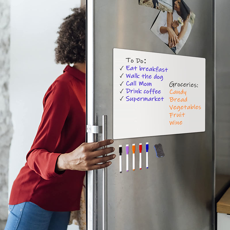 [Australia - AusPower] - 17"x12" Magnetic Whiteboard for Fridge with Stain-Resistant Technology, Including 5 Markers and a Big Eraser with Magnets, Refrigerator Magnet Board Planner in Flat Package 