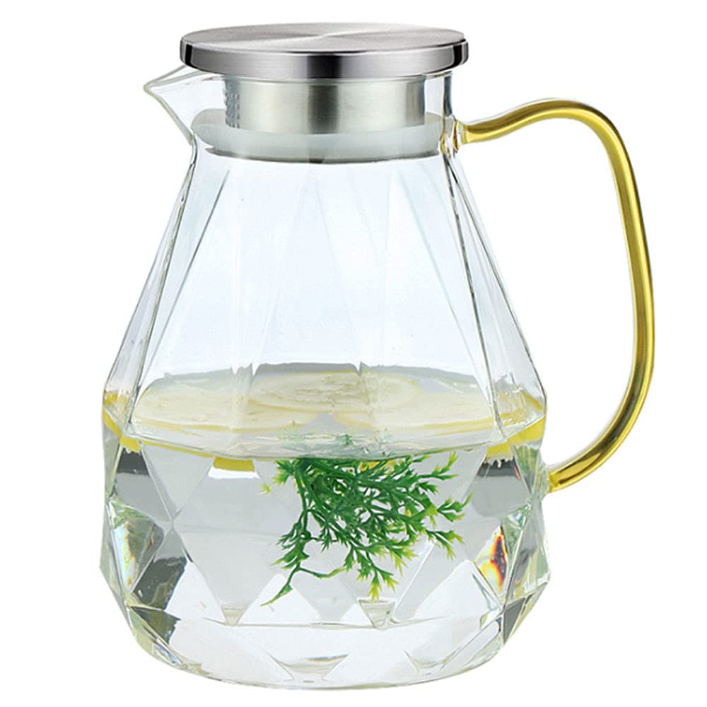 [Australia - AusPower] - Glass Pitcher with Stainless Steel Lid, 60 Oz Heat Resistant Glass Water Carafe with Handle for Fridge, Pitcher for Iced Tea, Milk, Hot and Cold Beverage, Borosilicate Glass Juice Jug 1000ml/60oz 1800ml 