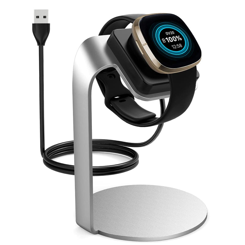[Australia - AusPower] - OenFoto Charger Dock Compatible with Fitbit Sense/Versa 3, Premium Aluminum Alloy Charging Cable Stand Base Station with USB Cable Accessories for Fitbit Sense/Versa 3 Smartwatch, Silver 