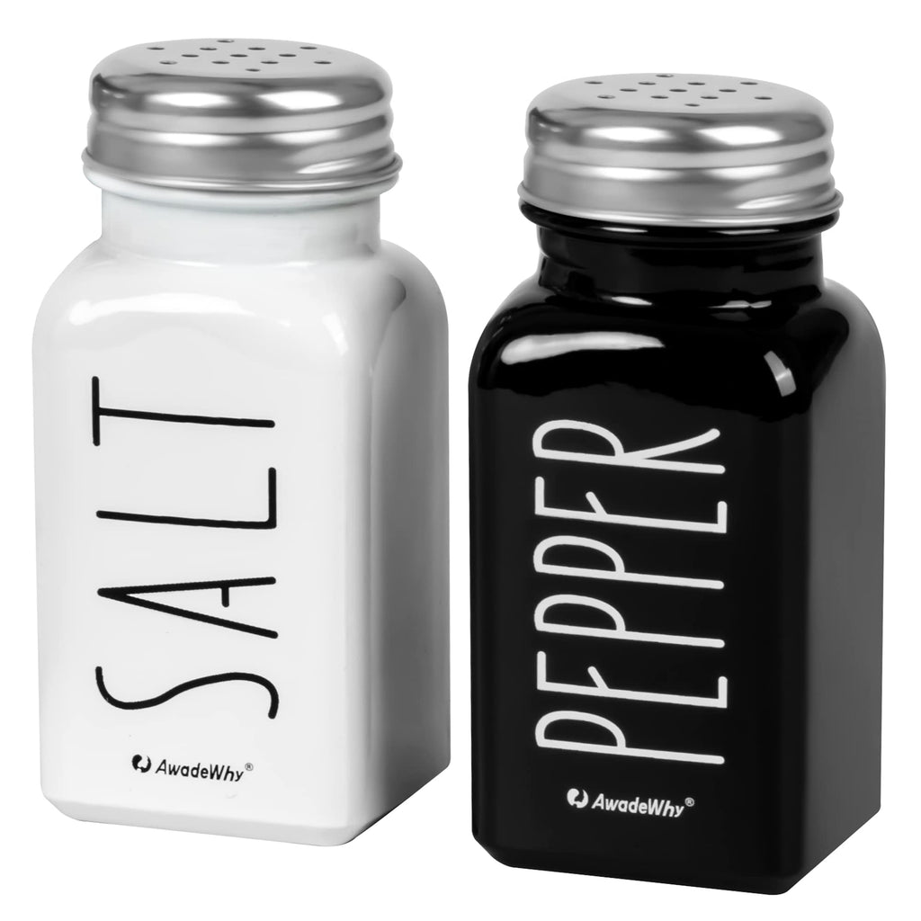 [Australia - AusPower] - Awadewhy Salt and Pepper Shaker Sets, Cute Modern Farmhouse Kitchen Decor for Home Restaurants Wedding - Vintage Glass Black and White Shaker Sets with Stainless Steel Lids, Vintage Glass Black White 