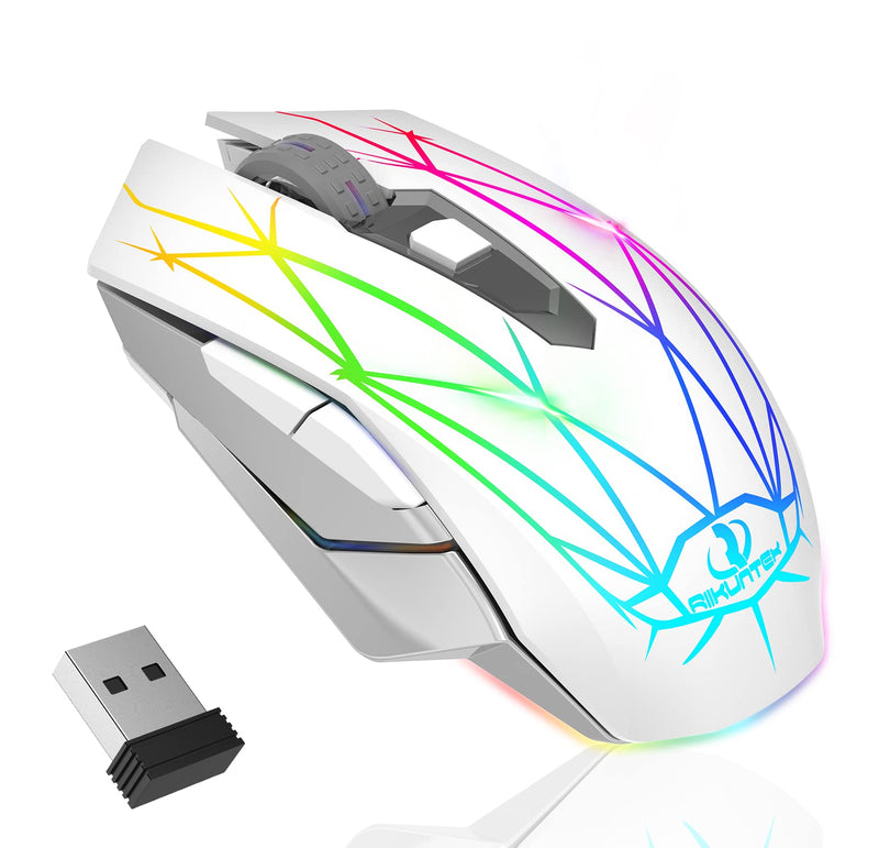 [Australia - AusPower] - Wireless Gaming Mouse, RIIKUNTEK Computer Mouse Rechargeable with 3 Adjustable DPI, Silent Click, USB Receiver, LED Lights, 2.4GHz Portable Ergonomic RGB Optical Gamer Mice Mouse for Laptop PC White 