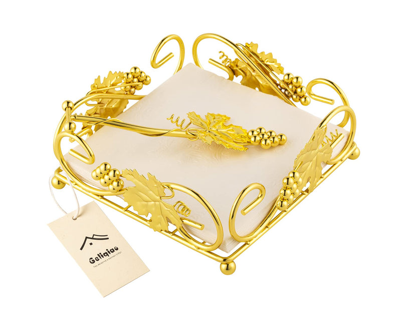 [Australia - AusPower] - Flat Napkin Holder Gold With Weight Arm for Kitchen Courtertops Dinning Table Grape Leaf Modern Tissue Dispenser Stainless Steel Gilding (7" L X 7" W X 2.5" H) 