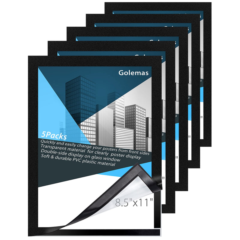 [Australia - AusPower] - Golemas Magnetic Self Adhesive Display Frame, 8.5 x 11 Double Sided Sign Holder, Flexible PVC Sheet Document Frame on Refrigerator, Door, Window, Wall for Home, Office, Store, School, pack of 5 Black 8.5" x11",5Packs 
