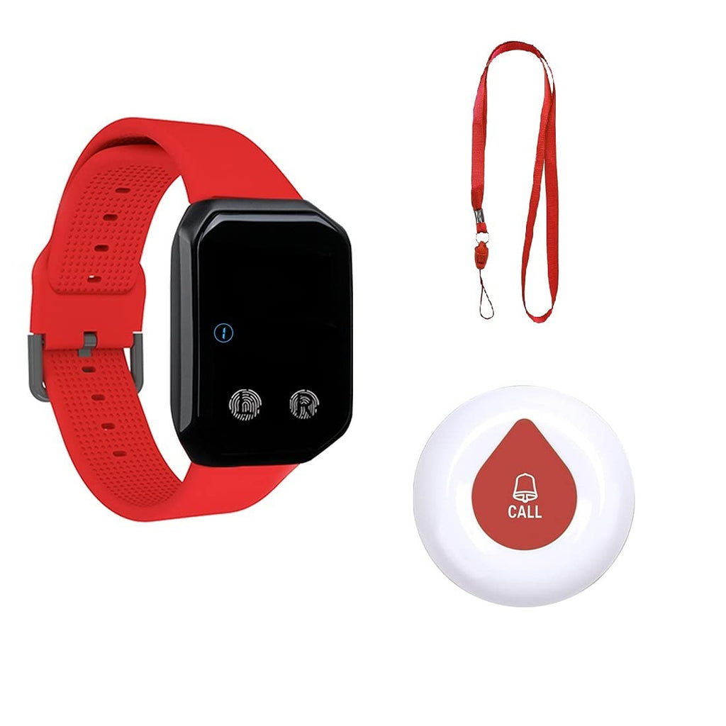 [Australia - AusPower] - WNKRUN Nursing Call Button for Home Patient Call Alert Button for Elderly Caregiver Alert Wireless Caregiver Pager System with 1 Waterproof & Portable Call Button and 1 Watch Pager 1 red watch and 1 red call button 