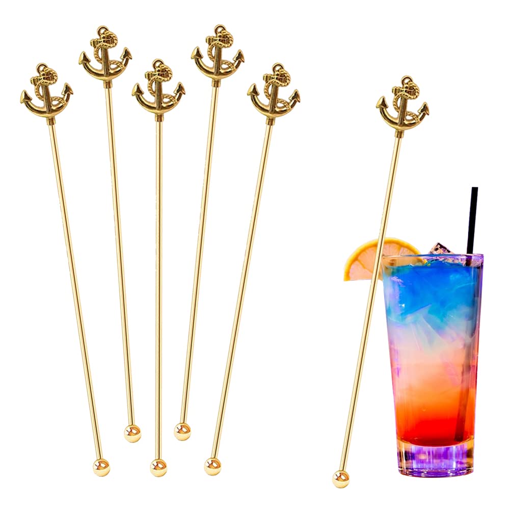 [Australia - AusPower] - LLHDKF 6 Pcs Coffee Stirrers with Decor Anchor Top Beverage Stir Sticks Stainless Steel Drinking Swizzle Sticks with Decor Anchor Top for Mixing Cocktail (Gold) Gold 