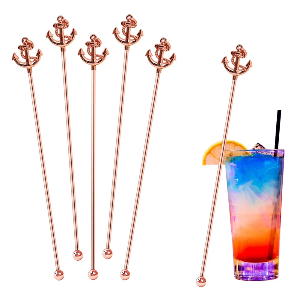 [Australia - AusPower] - LLHDKF 6 Pcs Coffee Stirrers with Decor Anchor Top Beverage Stir Sticks Stainless Steel Drinking Swizzle Sticks with Decor Anchor Top for Mixing Cocktail (Rose Gold) Rose Gold 